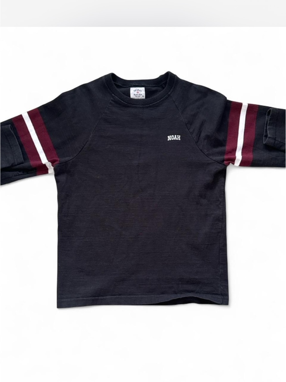 Noah NYC Black Long-Sleeve Tee with Burgundy & White Sleeve Stripes
